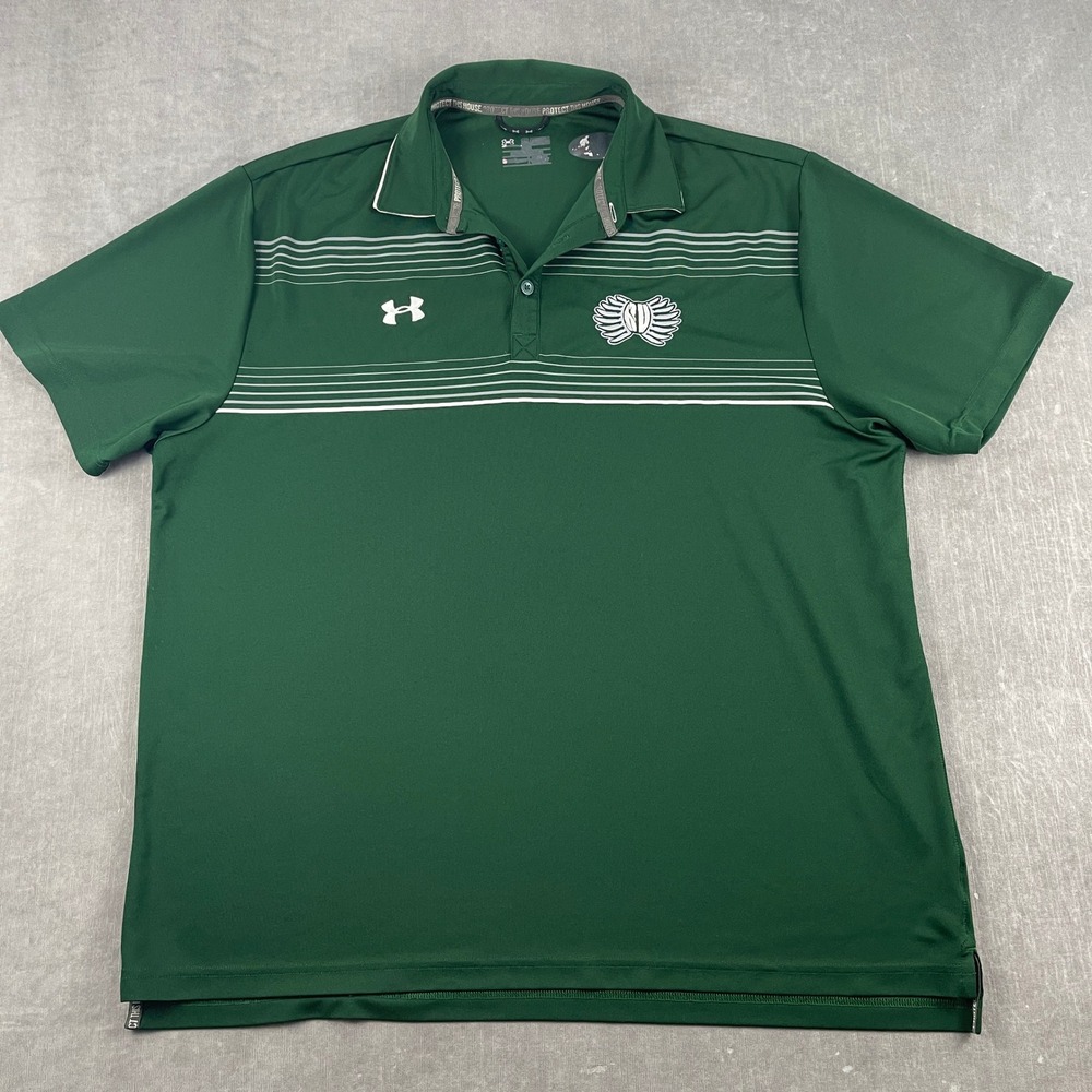 Under Armour Mens XXL Green Polo Shirt Striped RD Wing Logo Performance HeatGear